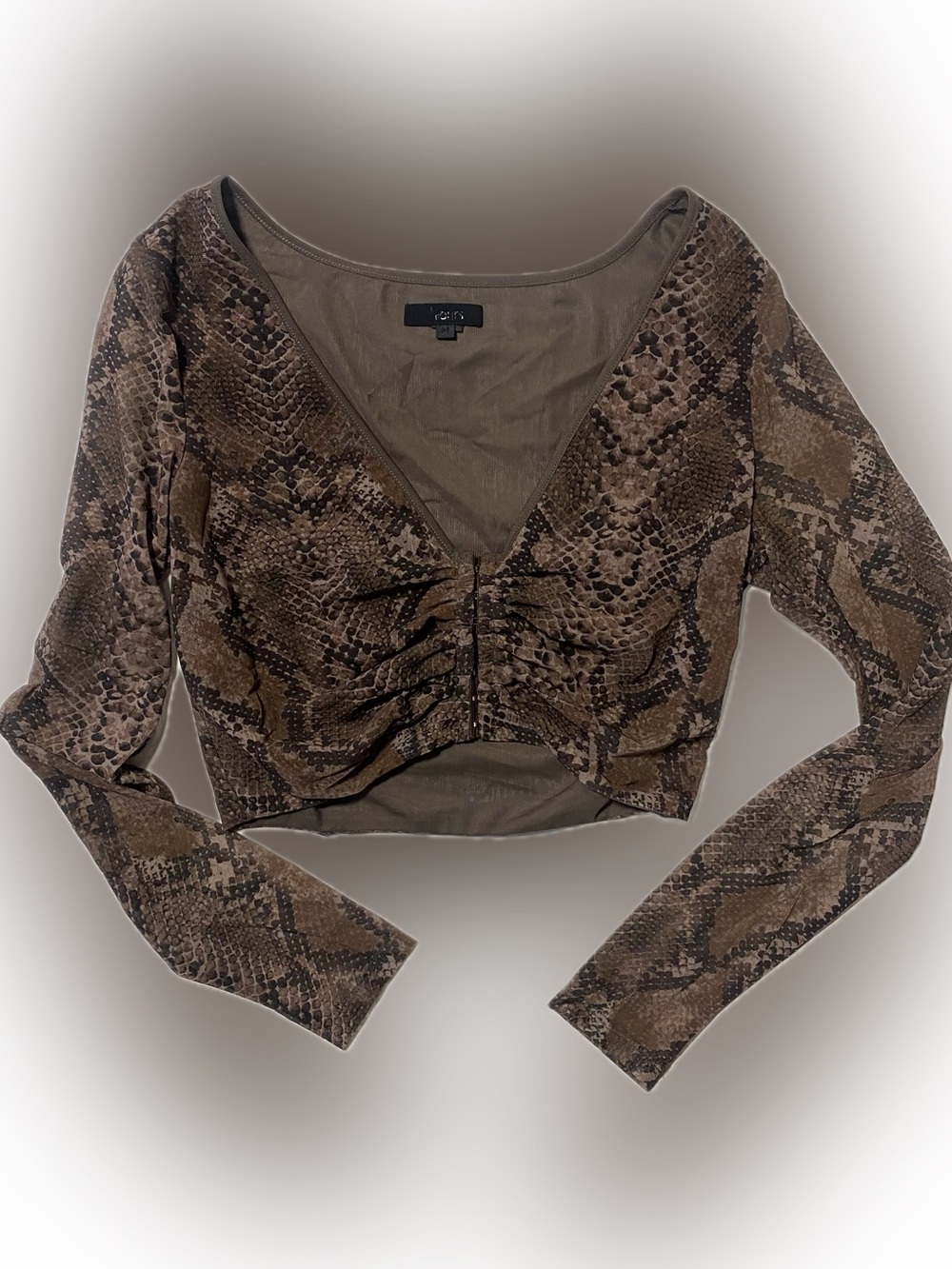 h:ours Brown Snake-Print Long Sleeve Ruched Crop Top